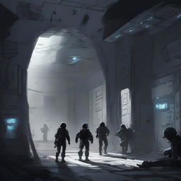 An illustration of a dark interior of a space station being breached through a wall, with soldiers dressed in black coming in through the hole