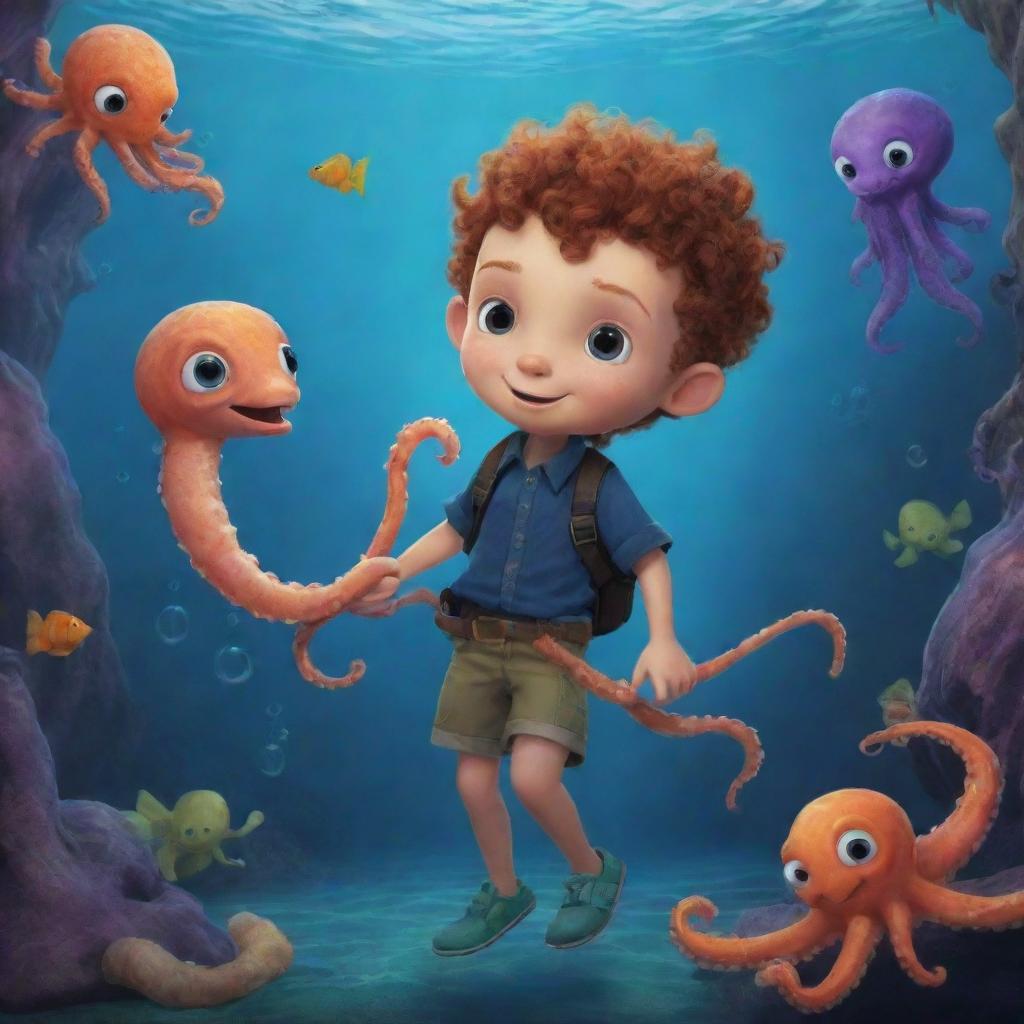 Finley adventuring in the Enchanted Abyss, overcoming various trials, and bonding with his ocean friends: a cunning octopus Ollie and a graceful seahorse named Stella.