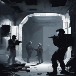 An illustration of a dark interior of a space station being breached through a wall, with soldiers dressed in black coming in through the hole