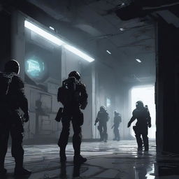 An illustration of a dark interior of a space station being breached through a wall, with soldiers dressed in black coming in through the hole