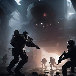 An illustration of a dark interior of a space station being breached through a wall, with soldiers dressed in black pouring in through the breach