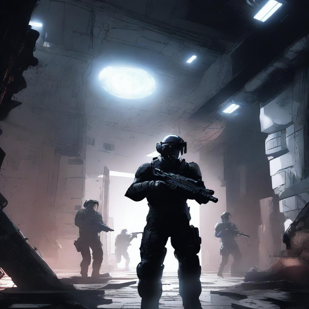 An illustration of a dark interior of a space station being breached through a wall, with soldiers dressed in black pouring in through the breach