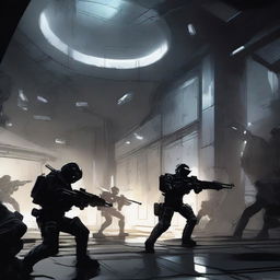 An illustration of a dark interior of a space station being breached through a wall, with soldiers dressed in black pouring in through the breach