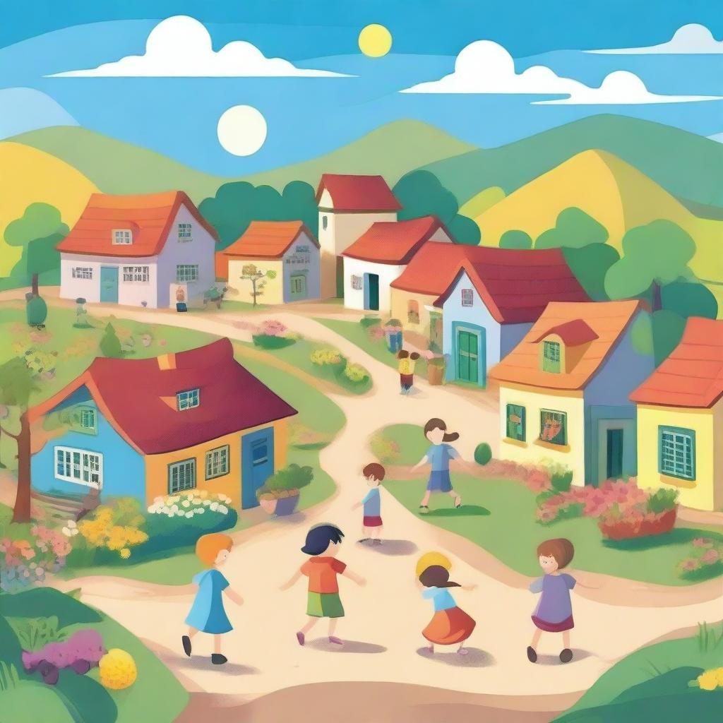 A cheerful village scene depicted in a 2D art style