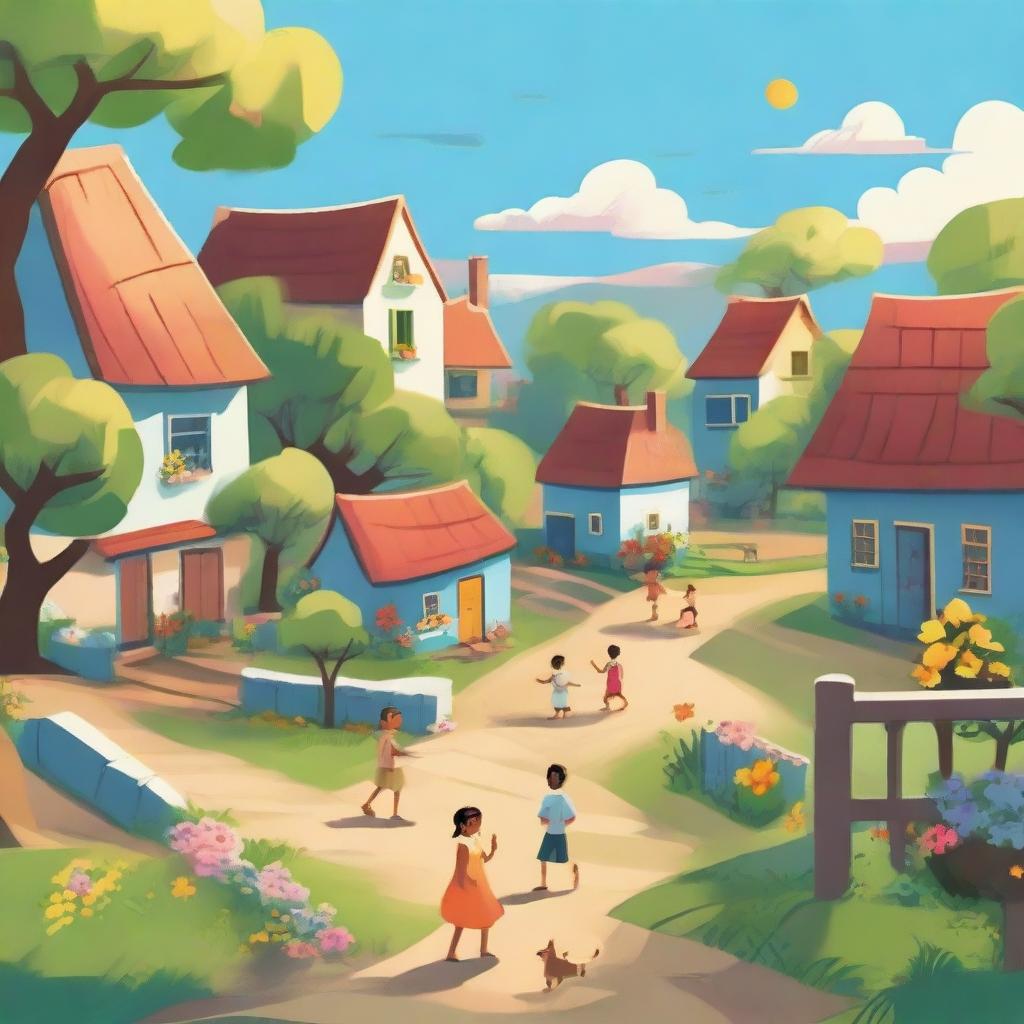 A cheerful village scene depicted in a 2D art style