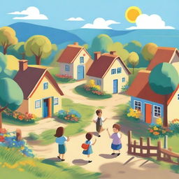 A cheerful village scene depicted in a 2D art style