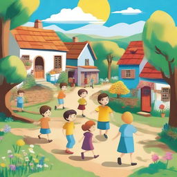 A cheerful village scene depicted in a 2D art style