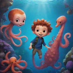 Finley adventuring in the Enchanted Abyss, overcoming various trials, and bonding with his ocean friends: a cunning octopus Ollie and a graceful seahorse named Stella.