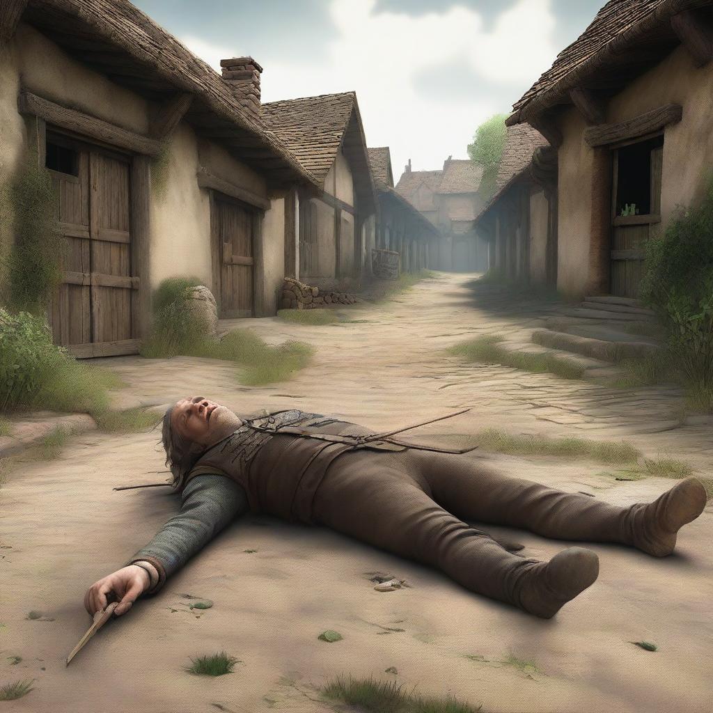 A medieval commoner lying dead on the ground, having been shot in the back with an arrow