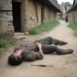 A medieval commoner lying dead on the ground, having been shot in the back with an arrow