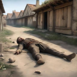 A medieval commoner lying dead on the ground, having been shot in the back with an arrow