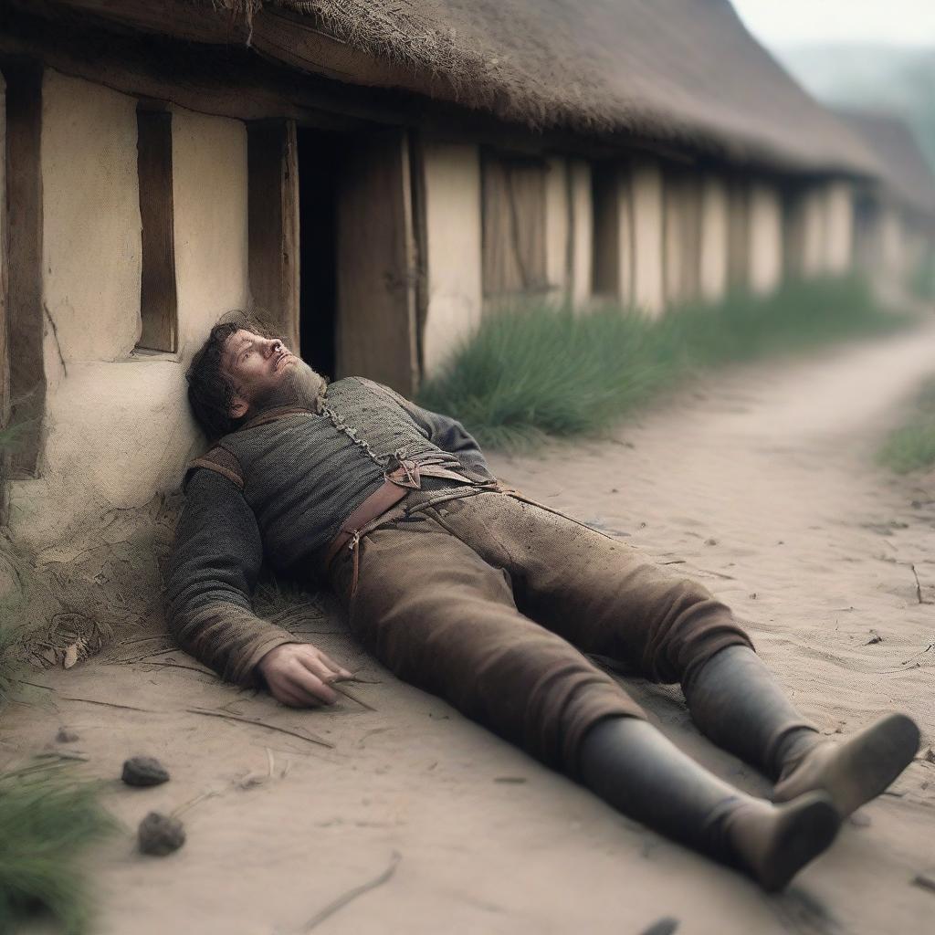 A medieval commoner lying dead on the ground, having been shot in the back with an arrow