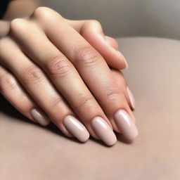 A close-up image of hands with medium length nails that are rounded at the tips