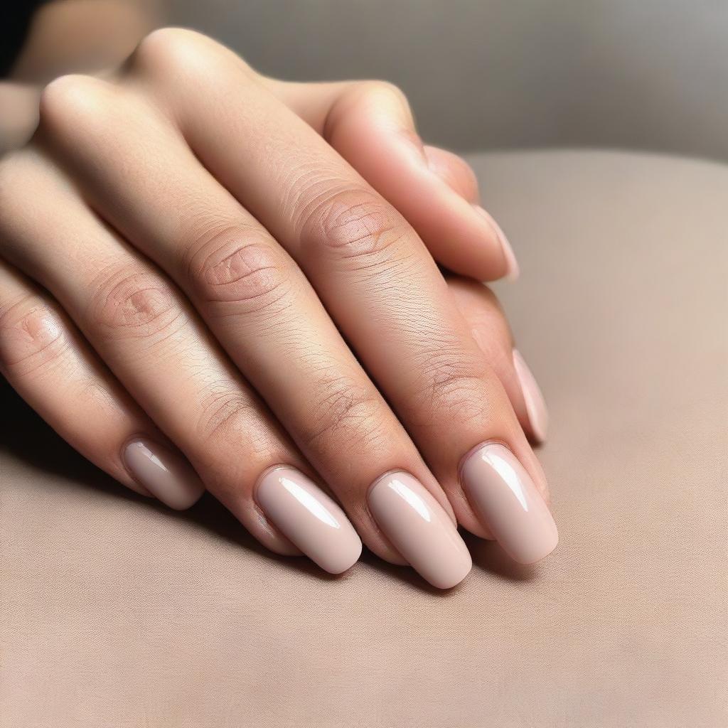 A close-up image of hands with medium length nails that are rounded at the tips