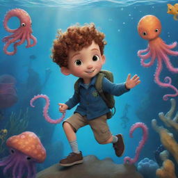 Finley adventuring in the Enchanted Abyss, overcoming various trials, and bonding with his ocean friends: a cunning octopus Ollie and a graceful seahorse named Stella.