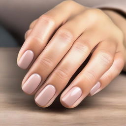 A close-up image of hands with medium length nails that are rounded at the tips