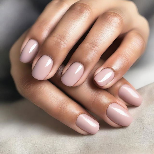 A close-up image of hands with medium length nails that are rounded at the tips