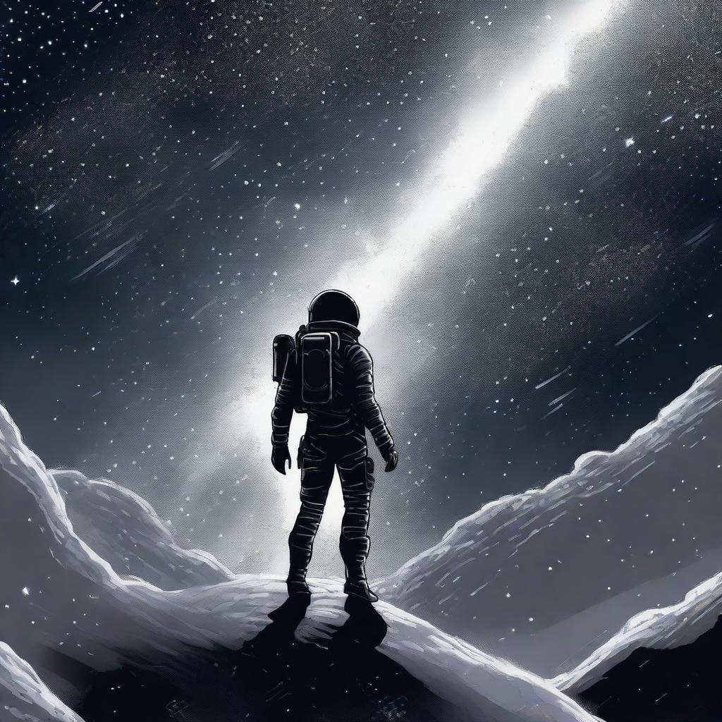 An illustration of a lone space soldier floating limply in the endless expanse of space