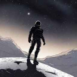 An illustration of a lone space soldier floating limply in the endless expanse of space