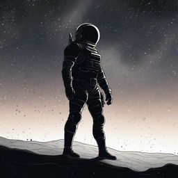 An illustration of a lone space soldier floating limply in the endless expanse of space