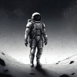 An illustration of a lone space soldier floating limply in the endless expanse of space