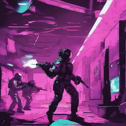 An illustration of a dark interior of a space station being breached through a wall, with soldiers dressed in black pouring in through the breach