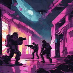 An illustration of a dark interior of a space station being breached through a wall, with soldiers dressed in black pouring in through the breach