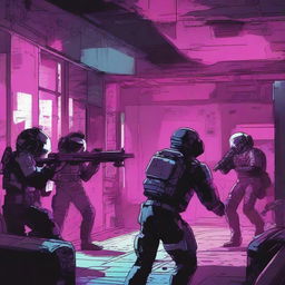 An illustration of a dark interior of a space station being breached through a wall, with soldiers dressed in black pouring in through the breach