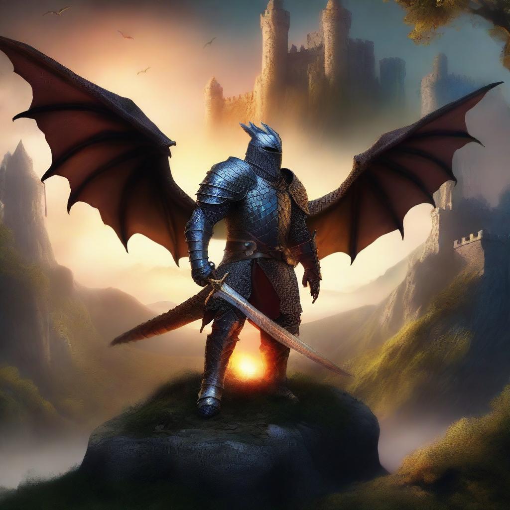 Create a captivating book cover featuring an epic fantasy scene with a majestic castle, a brave knight, and a fierce dragon