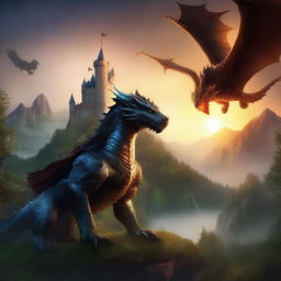 Create a captivating book cover featuring an epic fantasy scene with a majestic castle, a brave knight, and a fierce dragon