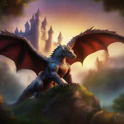 Create a captivating book cover featuring an epic fantasy scene with a majestic castle, a brave knight, and a fierce dragon