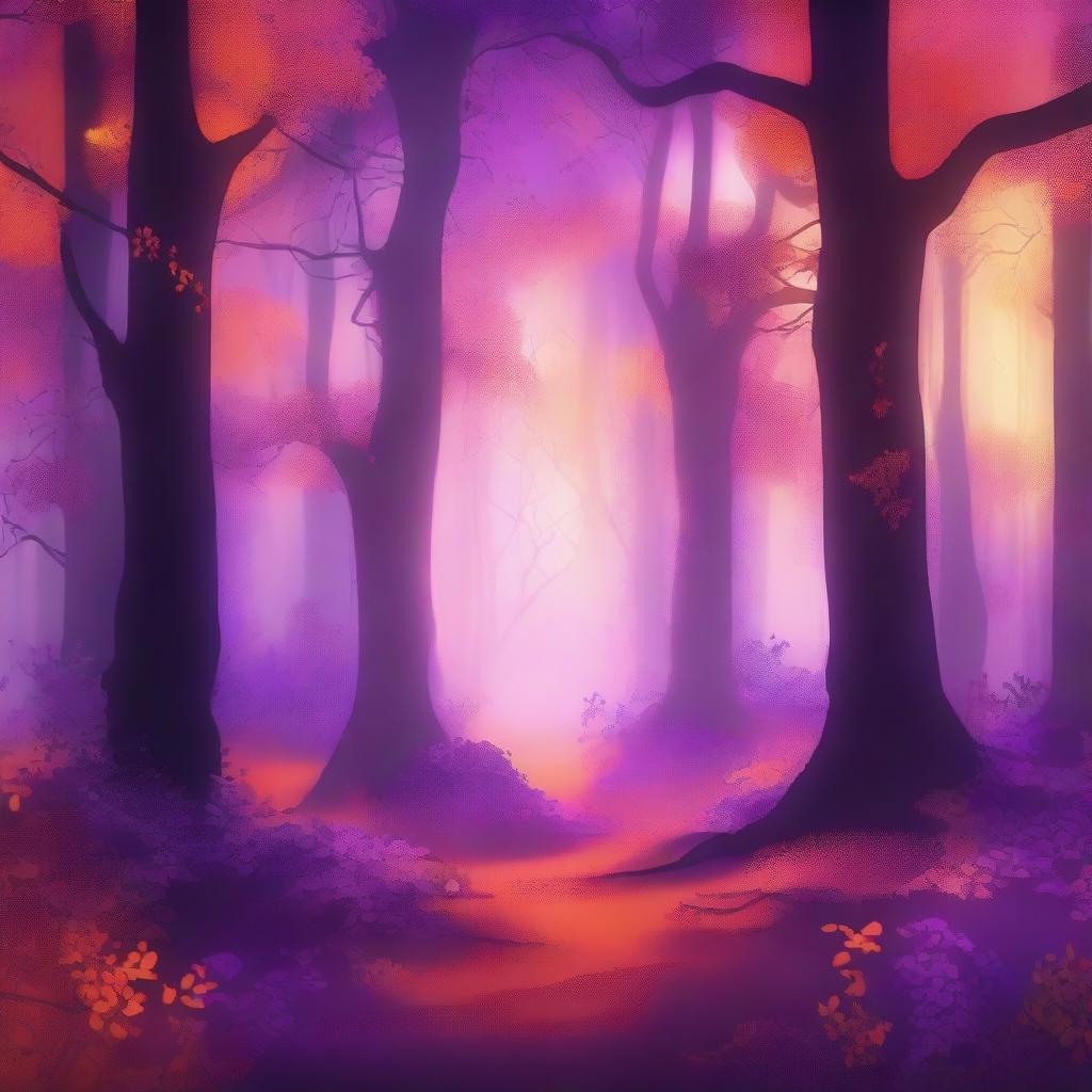 A never-ending magical forest with trees and foliage in vibrant shades of orange and purple