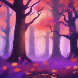 A never-ending magical forest with trees and foliage in vibrant shades of orange and purple