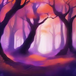 A never-ending magical forest with trees and foliage in vibrant shades of orange and purple