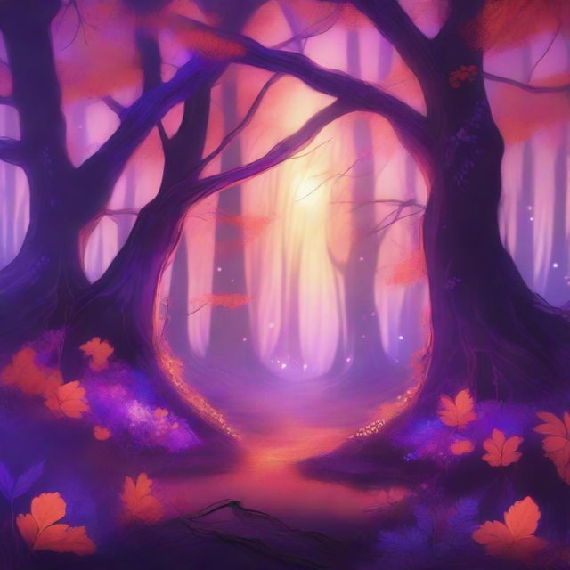 A never-ending magical forest with trees and foliage in vibrant shades of orange and purple