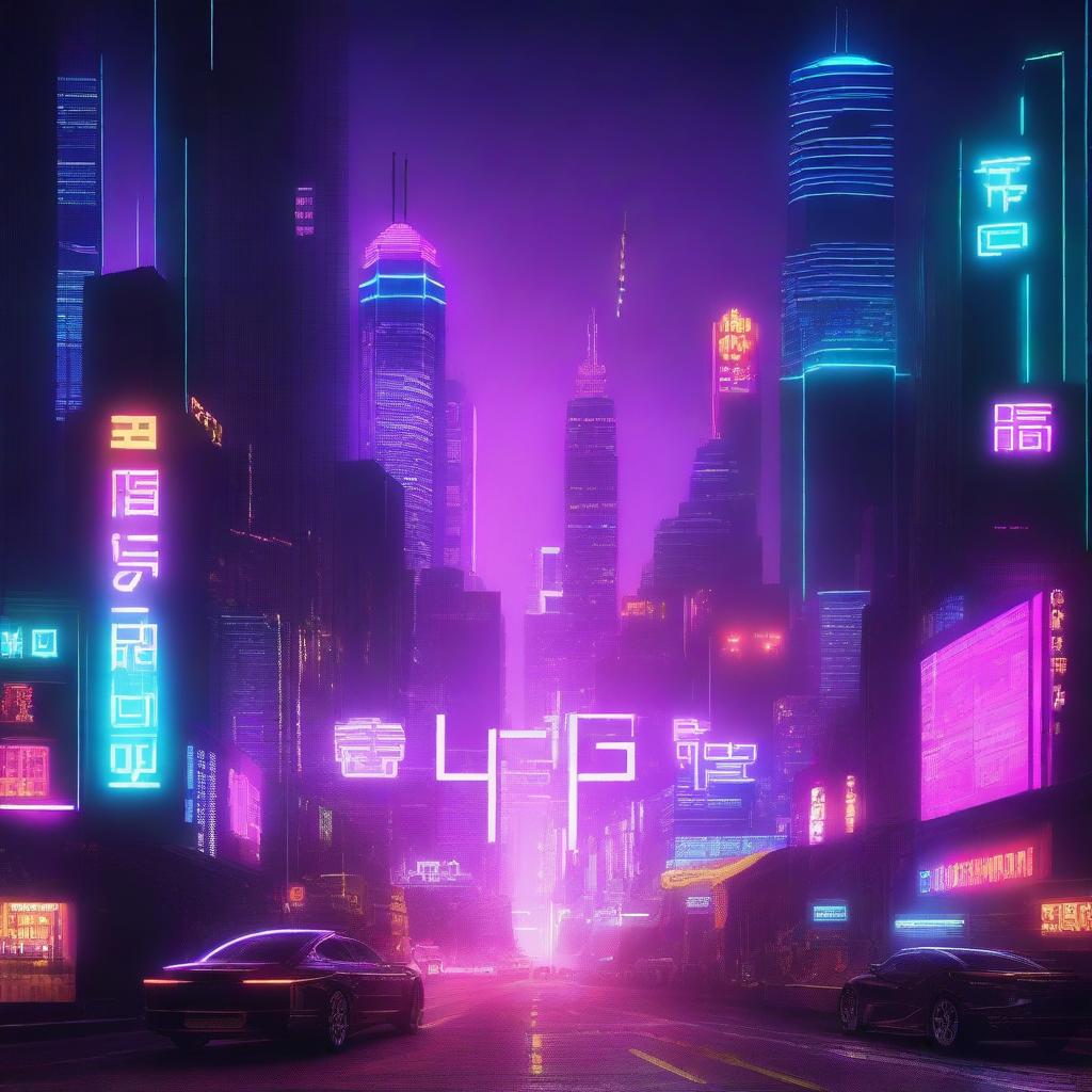 A futuristic cyberpunk-themed image featuring neon lights, tall skyscrapers, and a bustling cityscape