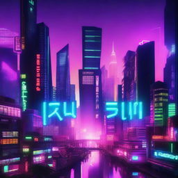 A futuristic cyberpunk-themed image featuring neon lights, tall skyscrapers, and a bustling cityscape