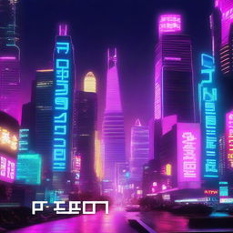 A futuristic cyberpunk-themed image featuring neon lights, tall skyscrapers, and a bustling cityscape