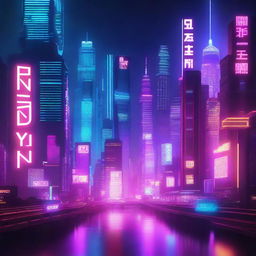 A futuristic cyberpunk-themed image featuring neon lights, tall skyscrapers, and a bustling cityscape