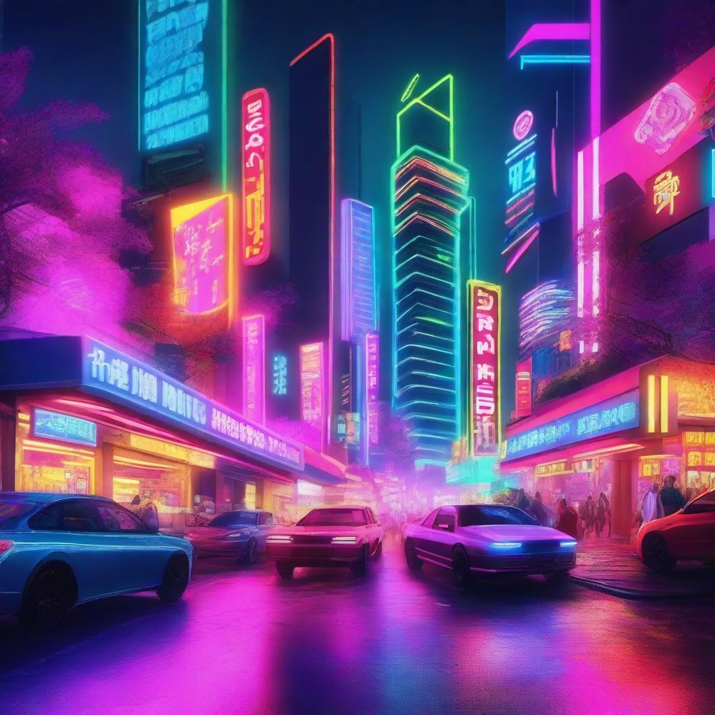 Create a neon utopia with vibrant colors and futuristic elements