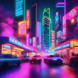 Create a neon utopia with vibrant colors and futuristic elements