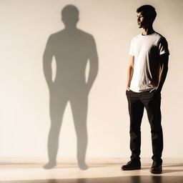 A man standing in a neutral pose, with a distinct shadow cast behind him