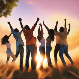 A vibrant and uplifting scene featuring a diverse group of people celebrating together, symbolizing unity and friendship