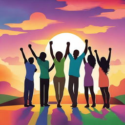 A vibrant and uplifting scene featuring a diverse group of people celebrating together, symbolizing unity and friendship