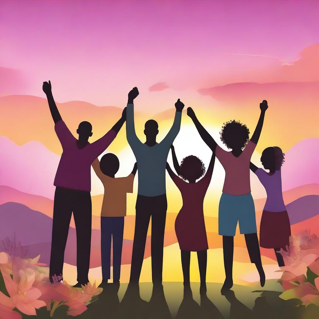 A vibrant and uplifting scene featuring a diverse group of people celebrating together, symbolizing unity and friendship