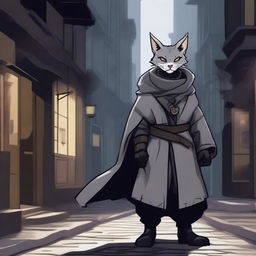 A gray tabaxi rogue wearing a dark, tattered cloak, standing in a dimly lit alleyway