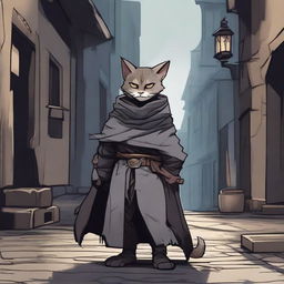 A gray tabaxi rogue wearing a dark, tattered cloak, standing in a dimly lit alleyway