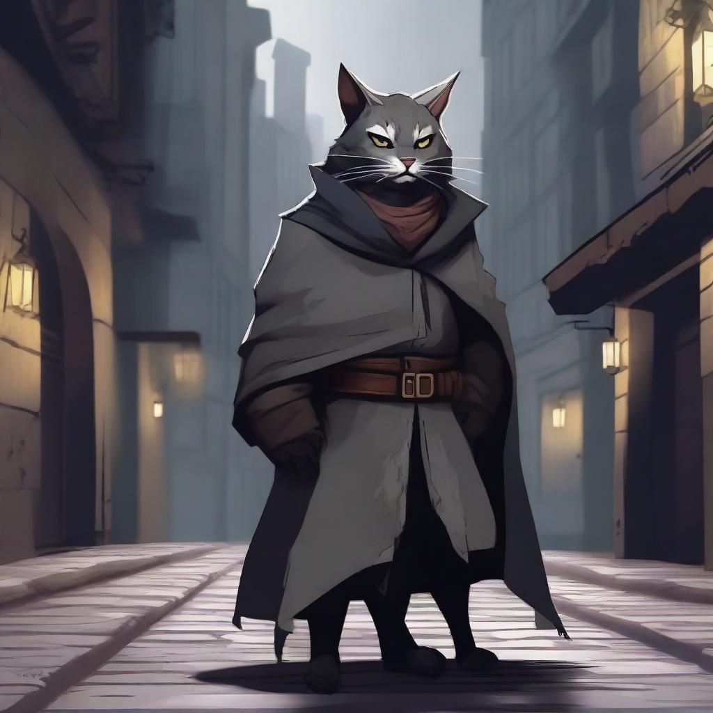 A gray tabaxi rogue wearing a dark, tattered cloak, standing in a dimly lit alleyway