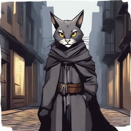 A gray tabaxi rogue wearing a dark, tattered cloak, standing in a dimly lit alleyway