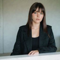 casual photograpy medium body, female, 23 year old with green eyes and black long hai with withe streaks in the bangs with  black rap jacket .,freckles, self on the mirror, relax time, medium distance shot, 4k hd,  --style raw--v 5.2 ar 2-3